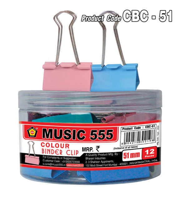 51mm-Colour-Binder-Clip-Bharani-Industries-music555-manufacturing-mumbai