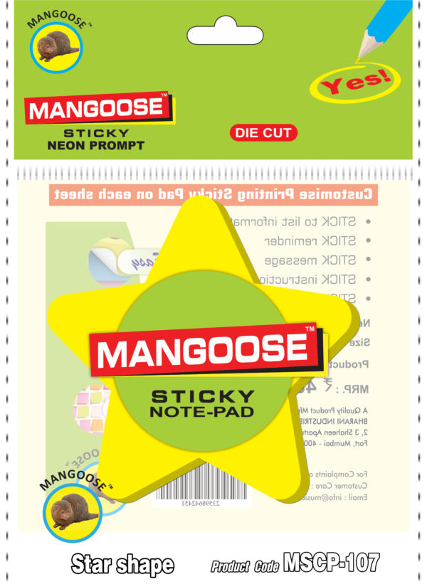 DC-008-3x3-Star-shape-Mangoose-Die-cut-Sticky-Note-Pad-music555-manufacturing-mumbai