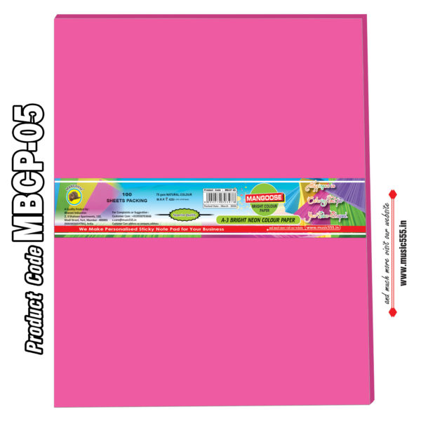 Mangoose-A3-Bright-Neon-Colour-Paper-Pink-MBCP-05-music555-Bharani-Industries-manufacturing-mumbai-India