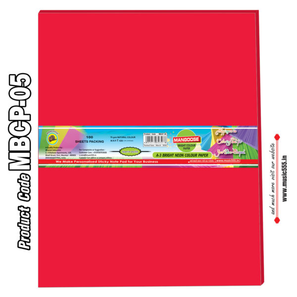 Mangoose-A3-Bright-Neon-Colour-Paper-Red-MBCP-05-music555-Bharani-Industries-manufacturing-mumbai-India