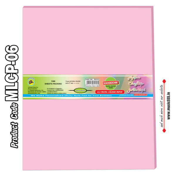 Mangoose-A3-Bright-Pastel-Normal-Colour-Paper-Pink-MLCP-06-music555-Bharani-Industries-manufacturing-mumbai-India