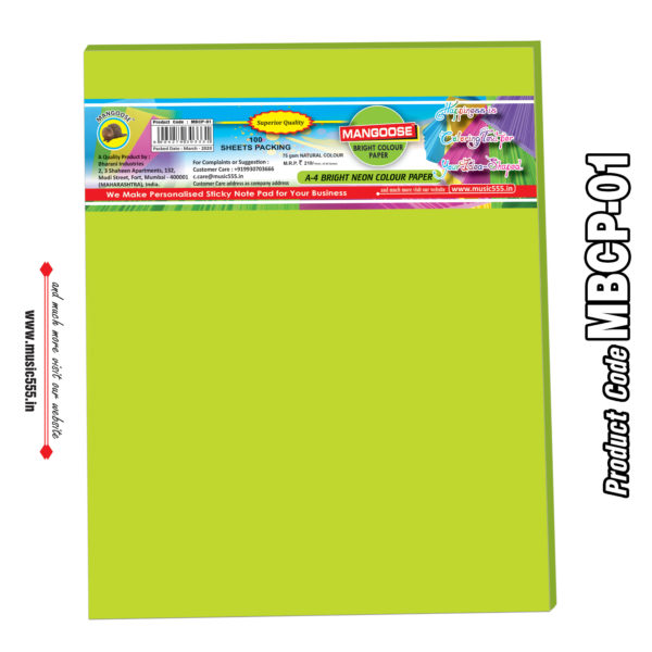 Mangoose-A4-Bright-Neon-Colour-Paper-Green-MBCP-01-music555-Bharani-Industries-manufacturing-mumbai-India