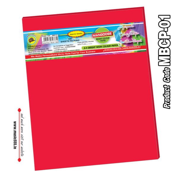 Mangoose-A4-Bright-Neon-Colour-Paper-Red-MBCP-01-music555-Bharani-Industries-manufacturing-mumbai-India